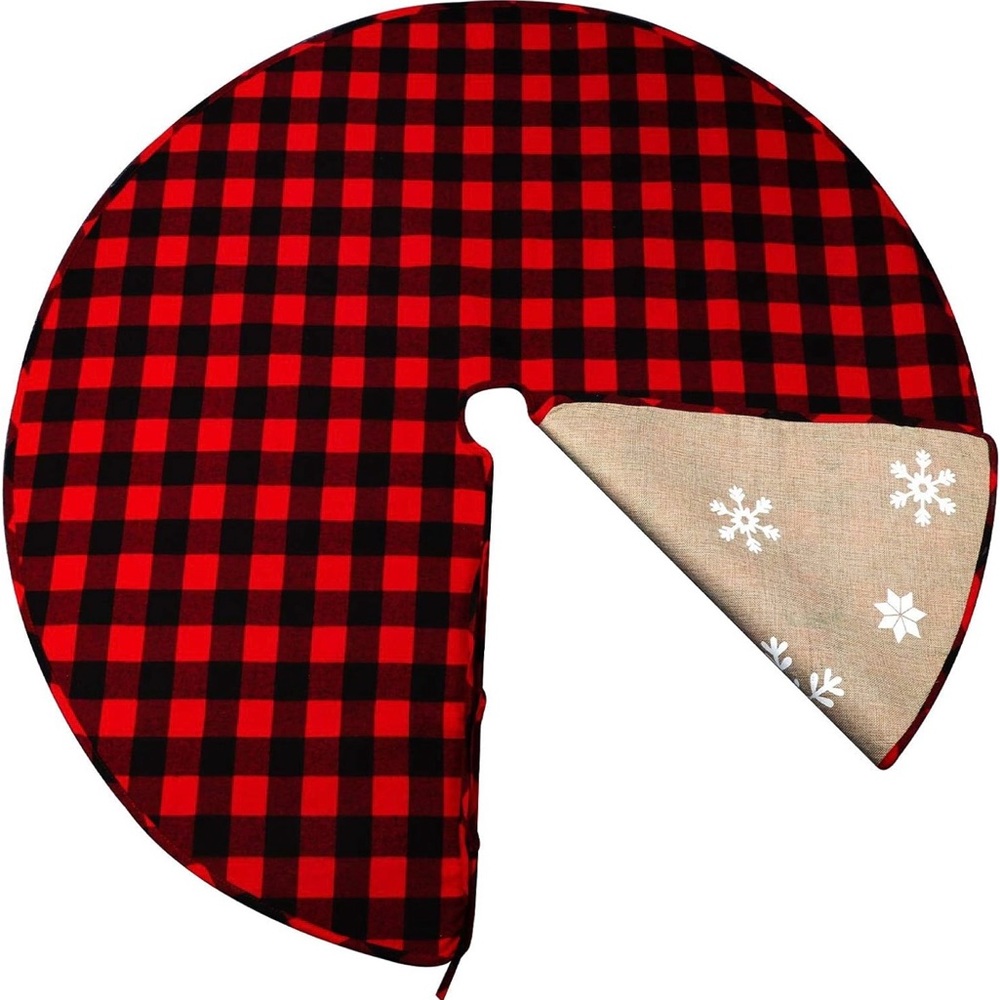 48” Double Sided Buffalo Plaid/Snowflake Burlap Christmas Tree Skirt.   NEW